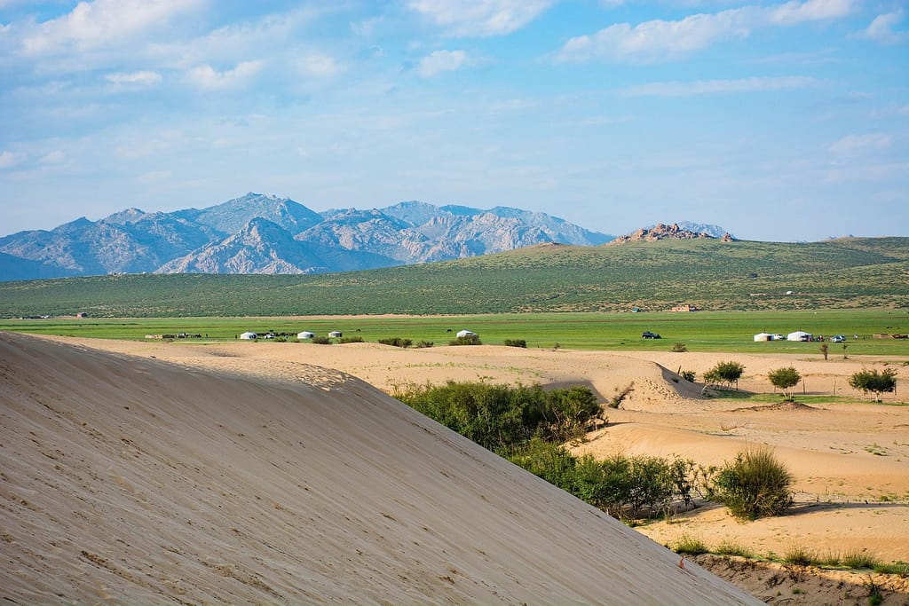 Wind-sculpted sandstone rock in Mongolian landscape — UNESCO Heritage Journey Karakorum Tour
