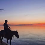 Silhouette of man riding horse at lake sunset Mongolia